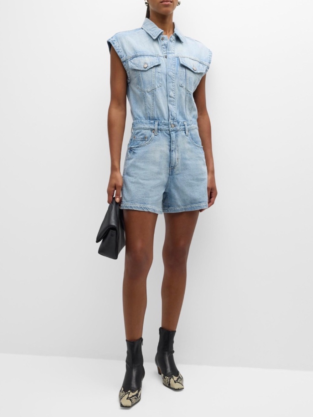 PISTOLA Lennox Denim Romper XS Light Wash Utility Jumpsuit $198